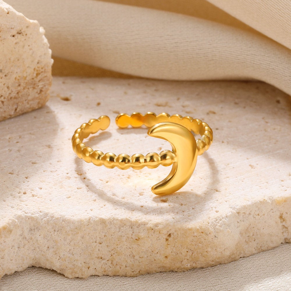 Punk Gold Moon Ring, 18K Gold Boho Moon Ring, Gothic Dainty Minimalist Adjustable Bead Ring for Women, Gift for Her