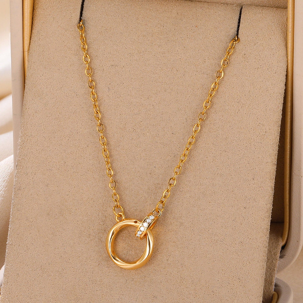 Boho Gold Ring Necklace 18K Gold Cubic Zirconia Circle Pendant, Dainty Minimalist Crystal Ring Necklace for Women, Gift for Her