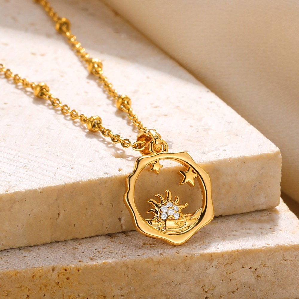 Boho Sun Stars Charm Pendant, 18K Gold Sun Stars Necklace, Punk Celestial Pendant, Dainty Minimalist Sun Stars Moon for Women, Gift for Her