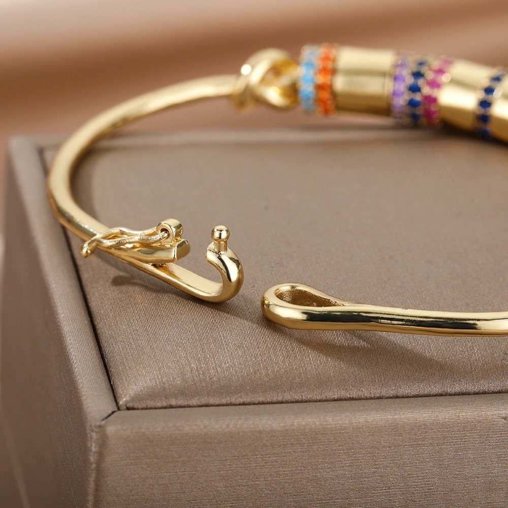 Boho 18K Gold Plated Bangle, Gold Crystal Cubic Zirconia Punk Bracelet, Dainty Minimalist Gothic Bangle for Women, Gift for Her