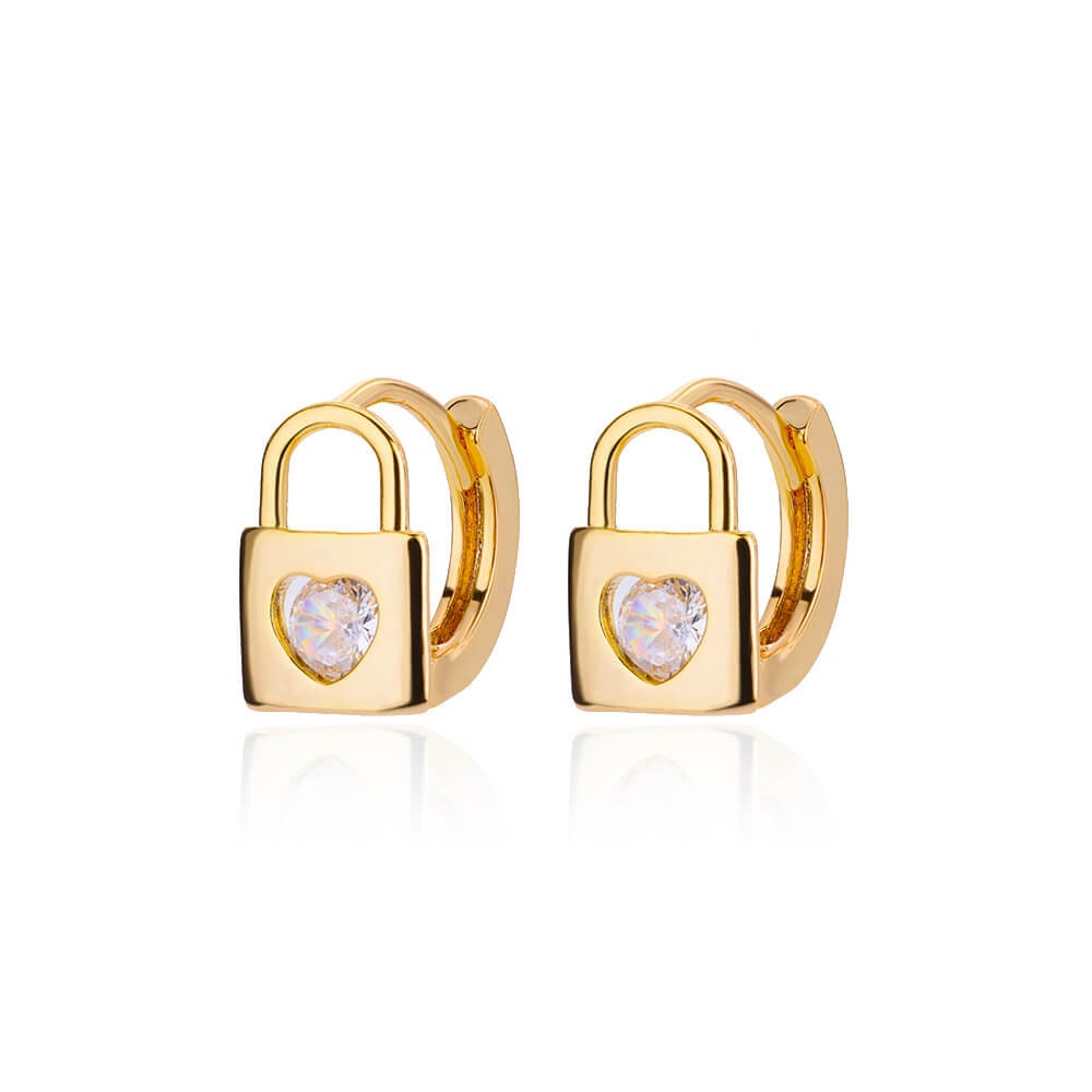 Punk 18K Gold Lock Earrings, Boho Crystal Heart Lock Stud Earrings, Cubic Zirconia Gold Punk Lock Heart, Dainty Minimalist for Women