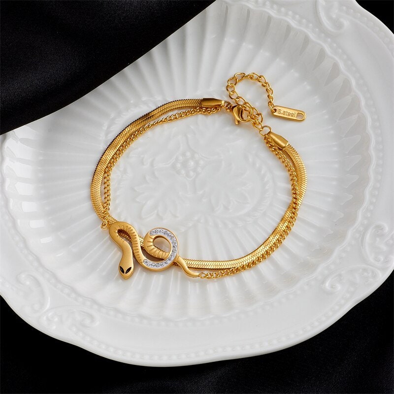 Punk Crystal Snake Bracelet, Gothic 18K Gold Snake Bracelet, Dainty Boho Double Layer Cubic Zirconia, Minimalist for Women, Gift for Her