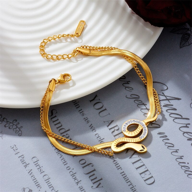 Punk Crystal Snake Bracelet, Gothic 18K Gold Snake Bracelet, Dainty Boho Double Layer Cubic Zirconia, Minimalist for Women, Gift for Her