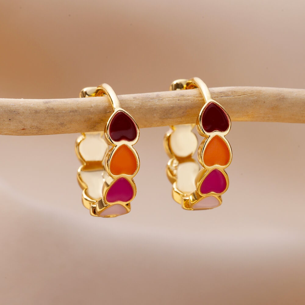 Punk Gold Heart Hoop Earrings, 18K Gold Dainty Heart Hoops Earrings, Boho Minimalist Heart Enamel Hoops for Women, Gift for Her
