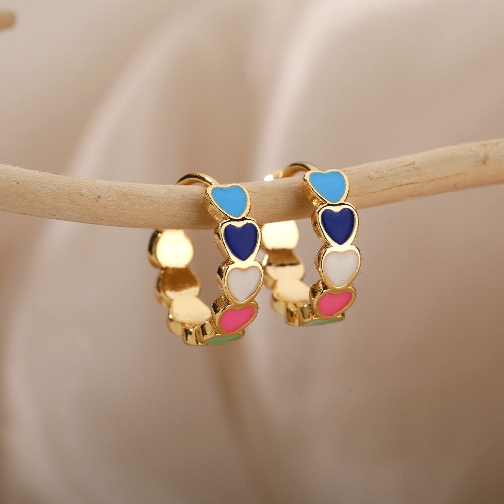 Punk Gold Heart Hoop Earrings, 18K Gold Dainty Heart Hoops Earrings, Boho Minimalist Heart Enamel Hoops for Women, Gift for Her