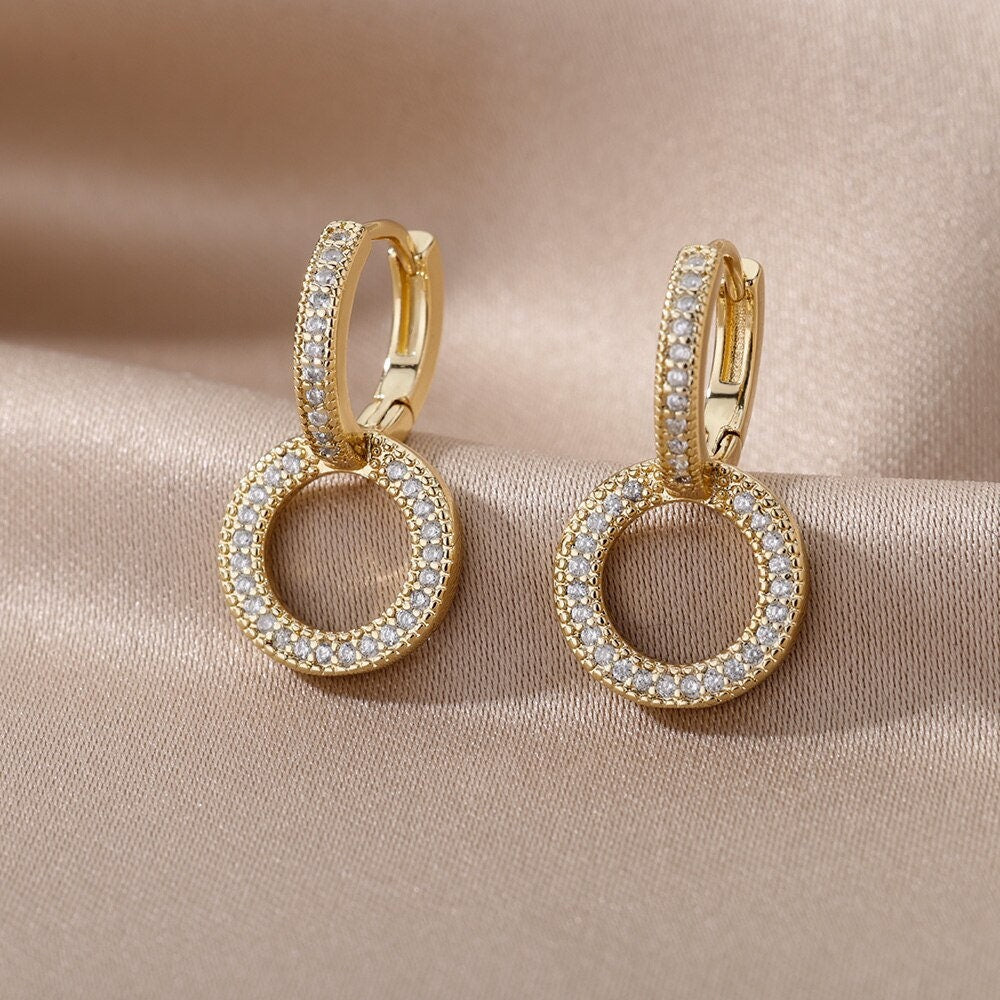 Punk Crystal Gold Round Drop Earrings, 18K Gold Boho Round Drop Earrings, Dainty Cubic Zirconia Crystal Earrings for Women, Gift for Her
