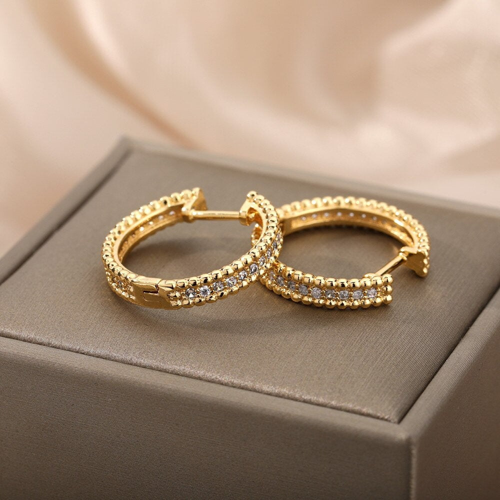 Dainty Gold Crystal Hoop Earrings, 18K Gold Crystal Hoop Earrings, Cubic Zirconia Boho Minimalist Hoops Earrings for Women, Gift for Her
